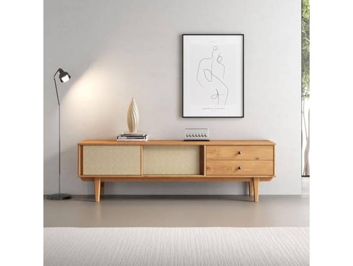 IDIMEX Lowboard Simona 175 cm mit Rattangeflecht aus Massivholz, Eiche Finish – TV-Board im Mid-Century Design, Lowboard mit 2 Schubladen und Schiebetüren, Retro TV-Schrank für das Wohnzimmer