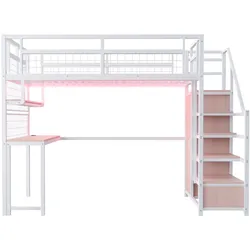 MODFU Metall-Hochbett Weiß 140x200 cm mit Schreibtisch, Stauraumtreppe, Kleiderschrank, Lichtleiste und Steckdose
