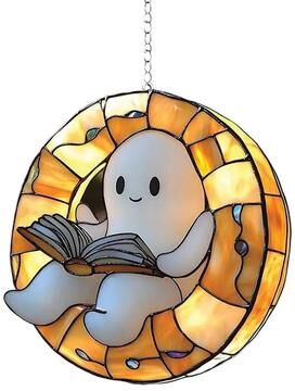 Inspire Select Ghost Bathtub Halloween Suncatcher Cute Spooky Acrylic Window Hanging Ornament Reading Book Design c