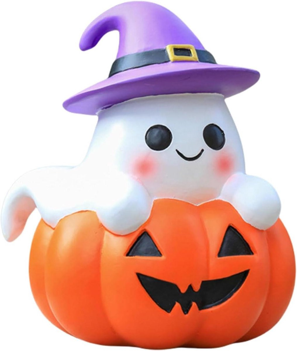 Uniek Halloween Geest Pompoen Standbeeld - Oranje Hars Figuur - 14 cm Hoog