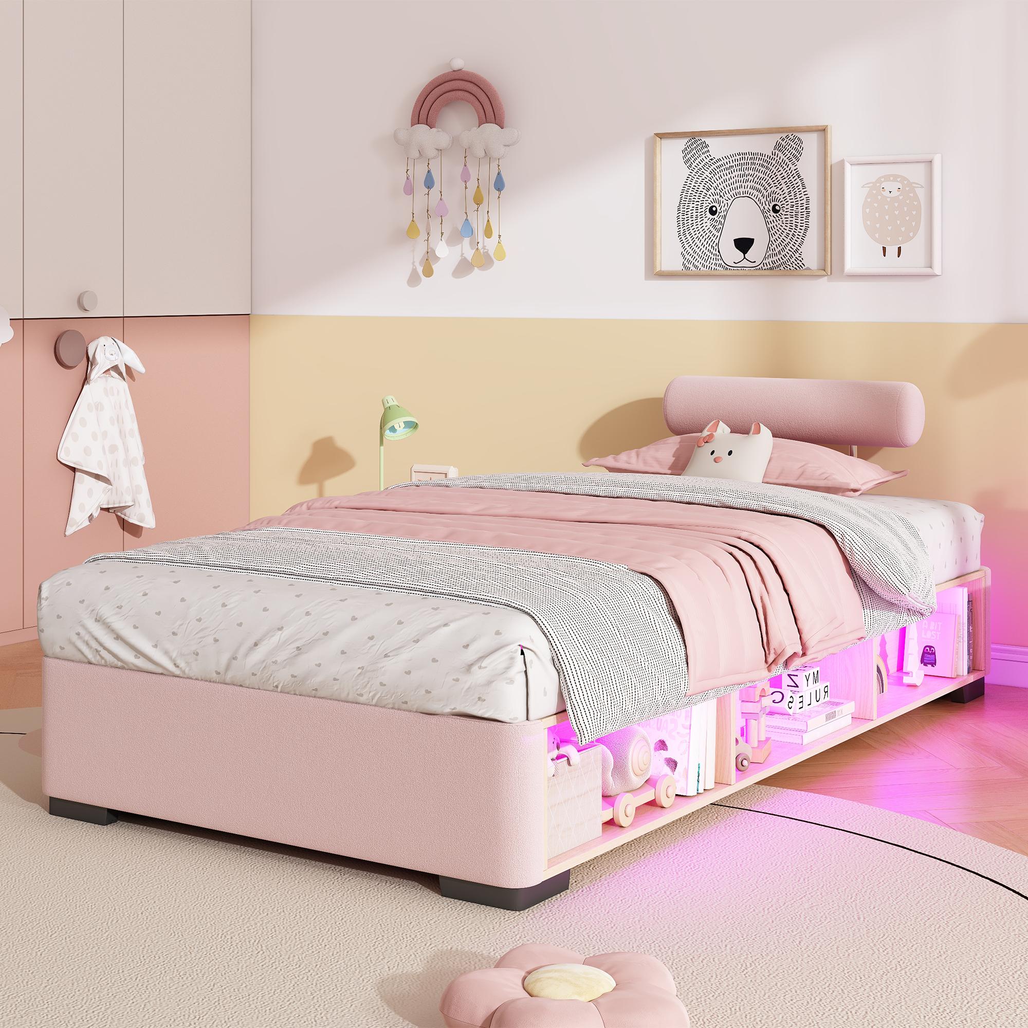 STILVORA Polsterbett 90×200 cm mit Matratze Jugendbett mit LED-Seitenregal und offenem Stauraum, Kinderbett mit flexibler Kopfstütze, Jugendbett niedrig für Kinderzimmer