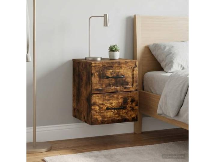 YUTAASU Wandmontierter Nachttisch 2 STK. Geräucherte Eiche Holzwerkstoff, Schiebetüren, Stauraum, Schlafzimmer, Wohnzimmer, Minimalistisch