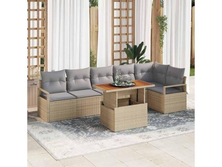 HEFZGDB Garten Eckbank Set 7 pcs Poly Rattan Essgruppe mit Kissen Beige Grau für Terrasse und Balkon
