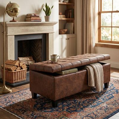 WyndenHall Elliot 48 inch Wide Transitional Storage Ottoman Bench in Distressed Vegan Leather
