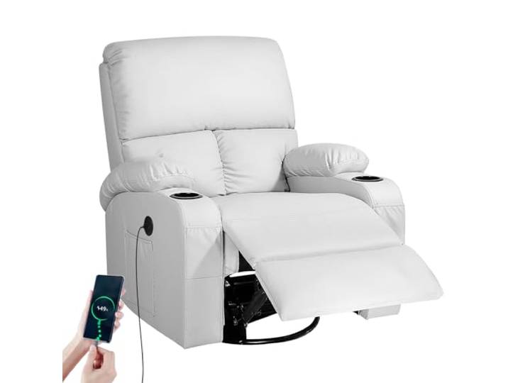 Schaukelstuhl mit Relaxfunktion, Massagesessel mit Vibration und Wärme, USB- und Type-C-Anschlüsse, 360° Drehbare Kunstleder Stühle für Wohnzimmer, Schlafzimmer, Kinderzimmer, Wohnmobil, Hellgrau