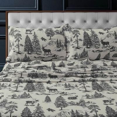 Marwah Corporation Deer Toile Flannel Sheet Set Charcoal, King, Charcoal