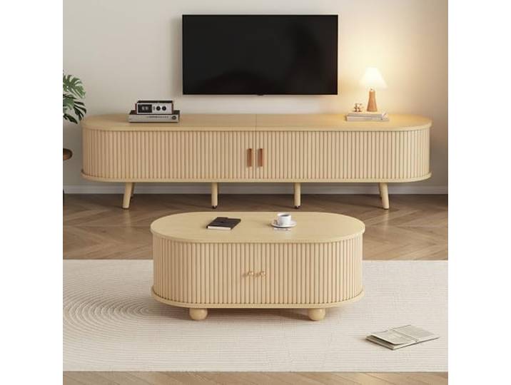 boorbin Wohnzimmer-TV-Schrank mit Stauraum + Couchtisch-Kombination, ovale Kombination in Originalholzfarbe, MDF (Holzfarbe, 175 * 40 * 42+100 * 50 * 40CM)