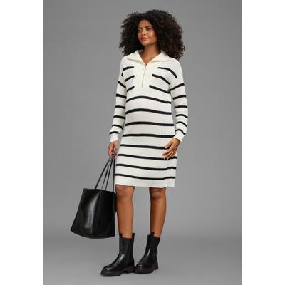 Umstandskleid NEUN MONATE "Umstand-Strickkleid mit Zipper - Stillpullover", Damen, Gr. 36/38, N-Gr, blau geringel, Strick, Obermaterial: 60% Baumwolle, 40% Polyacryl, geringelt, Basic, Kleider, Bequemes Strickkleid, modischer Ringel, mit Reißverschluss