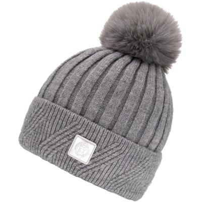 Bommelmütze CHILLOUTS, Damen, grau, Feinstrick, Baumwollmischung, unifarben, Mützen, elastisch, Formbeständig, gefüttert, mit breitem Umschlag