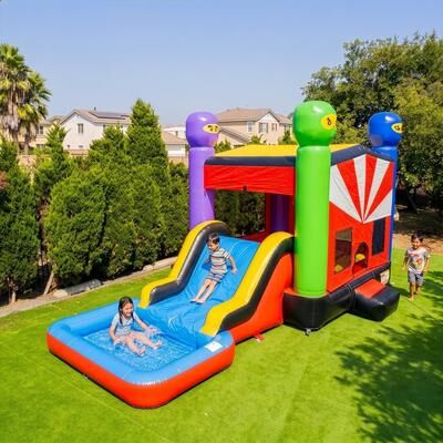 HeroKiddo JumpOrange 24 ft Ninja Warrior Bounce House Combo Dual Lane Water Slide & Splash Pool for Kids, Basketball Hoop, Blower Included