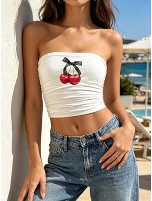 Daily Deals Depot Cherry Crush Plunge Crop Top For Women Retro Summer Beachwear white s