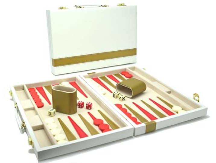 HOT Games Backgammon spelkoffer 38 cm wit met gouden bies klassiek bordspel