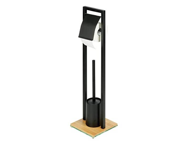 WENKO Combiné WC 2en1 Bambusa Serviteur Toilette avec dérouleur Papier Toilette et Brosse WC à tête remplaçable Acier laqué Mat Bambou certifié FSC® 18 x 72\,5 x 18 cm Noir et Bois