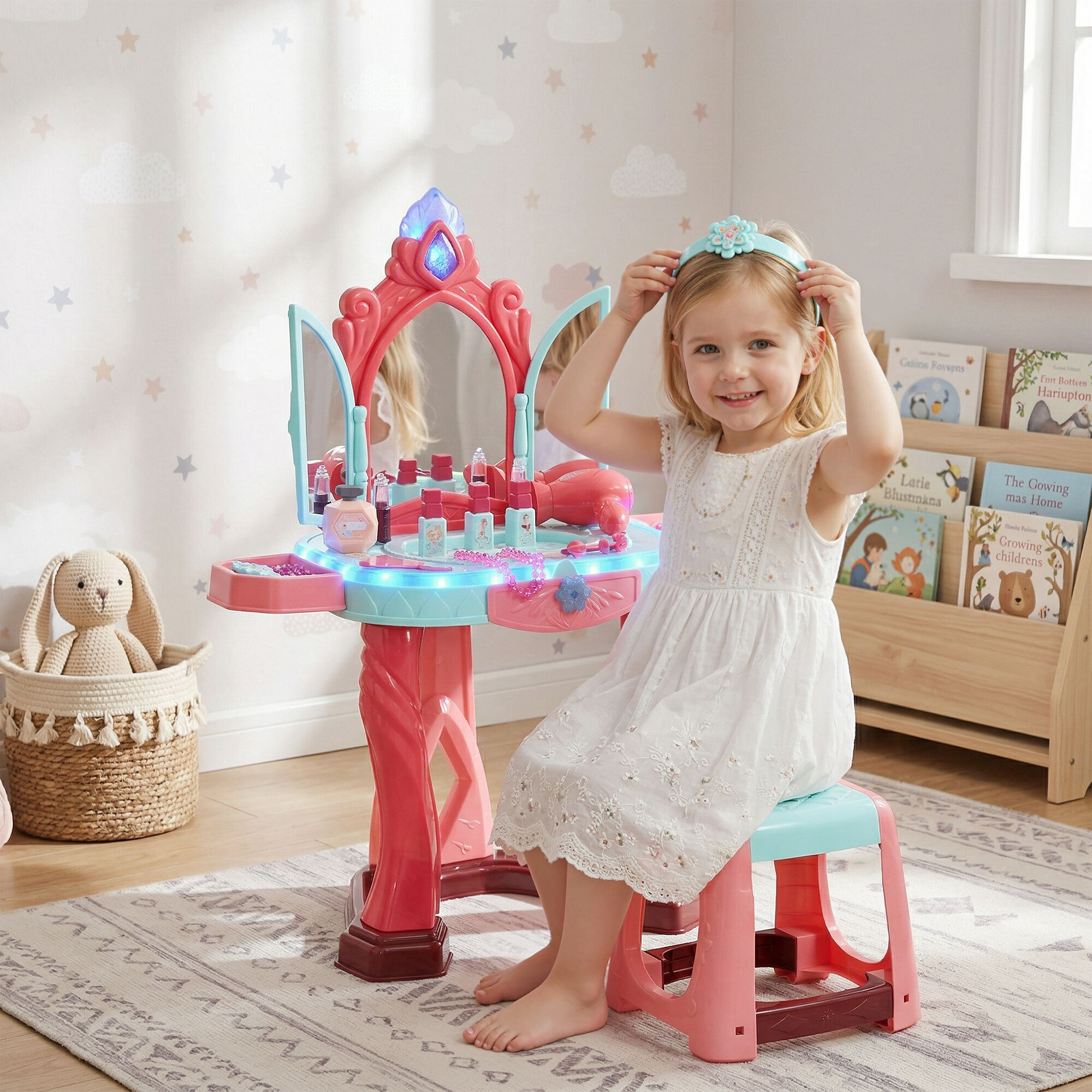 Altro Tavolino Toeletta Per Bambine Con Sgabello, Specchio, Luci E Accessori, In Pp E Gpps, 57x34x76 Cm, Multicolore