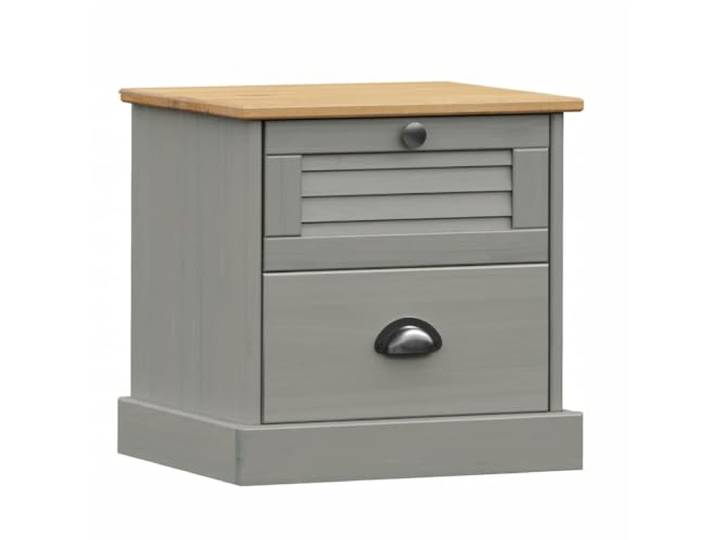 HFXHIJXQ Nachttisch Massivholz Kiefer Beistelltisch Grau 42x35x42cm VIGO Rustikaler Nachtschrank aus Kiefern-Massivholz mit 2 Schubladen, Metallknäufen und Jalousie-Design fürs Schlafzimmer.