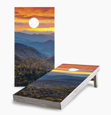 Skip's Garage Sunset Autumn Mountains Cornhole Boards