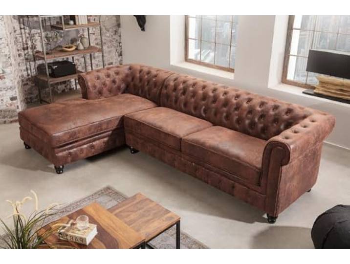 Ecksofa CHESTERFIELD - 270cm - antik braun - Microfaser Holzfüße Taschenfederkern, Nosagfederung, Knopfheftung, Ziernieten, Rundum-Bezug, englischer Stil, pflegeleicht