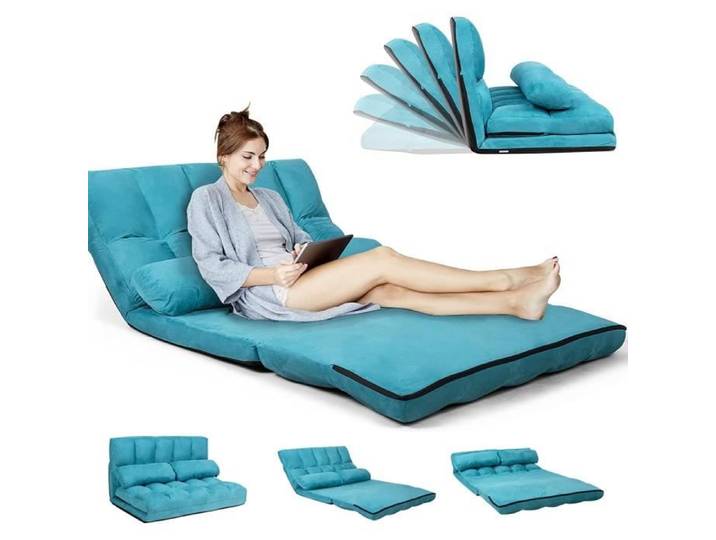 RELAX4LIFE Chauffeuse 2 Personnes Pliable Dossier Réglable 90°-180° de 6 Positions avec 2 Oreillers Fauteuil Bleu Charge Max 150KG