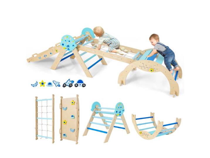 9-in-1 Montessori Klimrek Set Driehoekig Houten Klimrek Voor Binnen-Blauw
