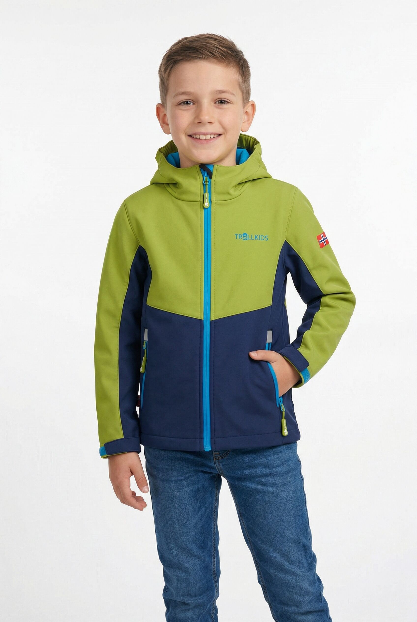 Softshelljacke TROLLKIDS "KIDS KRISTIANSAND JACKET", Kinder, Gr. 164, grün (kiwi, mystic blau), Softshell, Obermaterial: 94% Polyester, 6% Elasthan, Jacken Softshelljacke, für Kinder und Jugendliche geeignet, Langarm-Ausführung