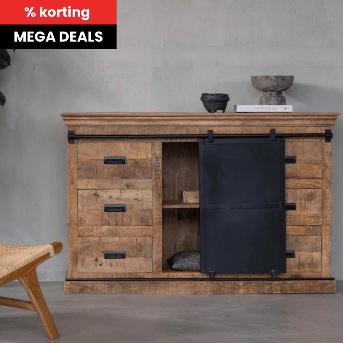 Mahom Newark Mangohouten Dressoir met Dubbele Deurtjes - Industrieel - Breedte: 160 cm