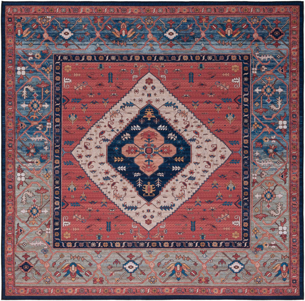 Blue Elephant Tucson Heirloom Machine Washable Non-Slip Area Rug In Rust & Blue Blue Square 244 cm
