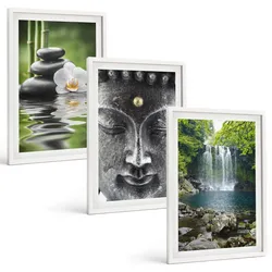 BILDER SET 3er Set - 40x60 cm Weißer Rahmen - Harmoniesteine Wasser Buddha