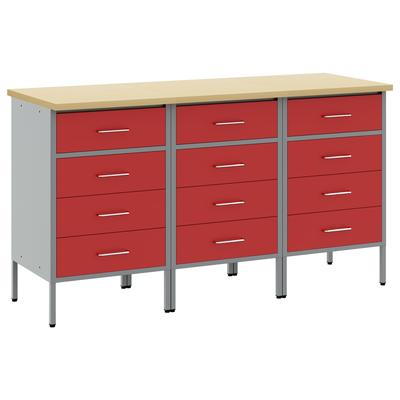 vidaXL Werkbank 3er Set Rot und Grau aus Tischlerplatte und Stahl