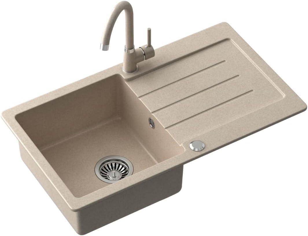 QUADRON Granitspüle JOHNNY 111 GraniteQ Küchenspüle Einbeckenspüle 77x44x18,5 cm, Spülbecken Set mit Küchenarmatur KATE & Siphon, Beige