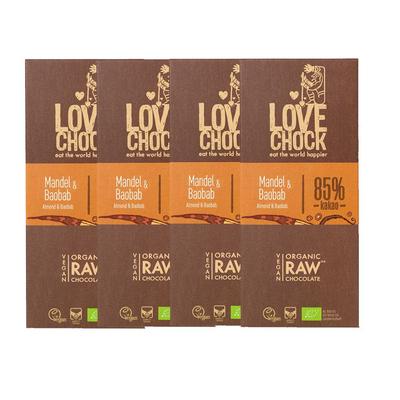 Lovechock Bio rohe Schokolade, Mandel-Baobab, Tafel 4x70 g Schokolade