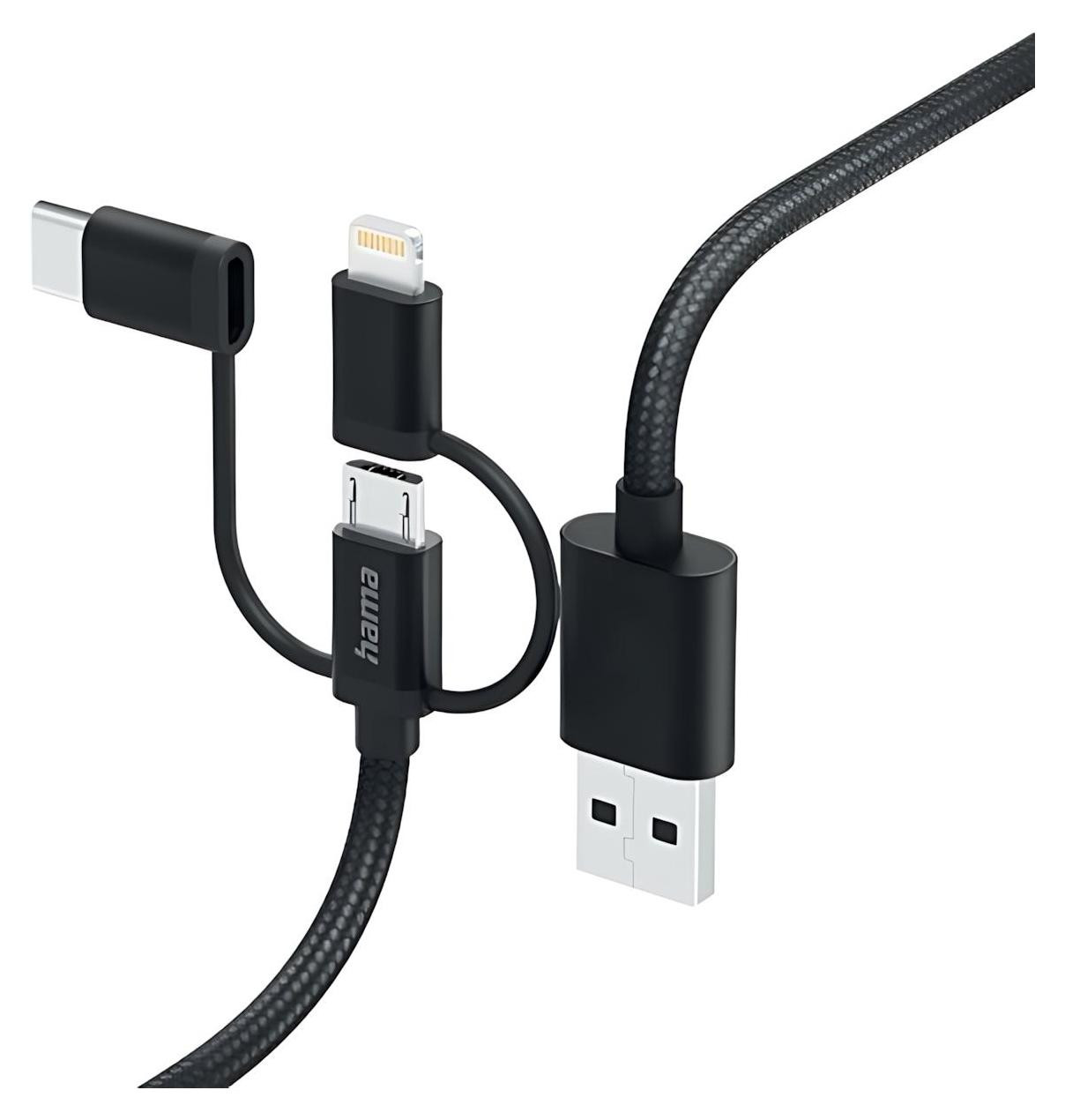 Hama 3-in-1 multi-oplaadkabel USB-A naar USB-C, Lightning en MicroUSB, 1,5 meter, zwart, 201536
