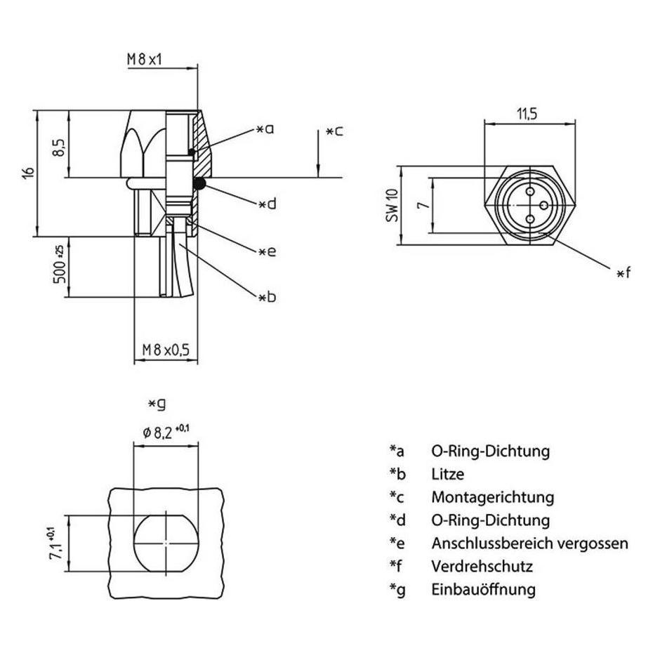 Lutronic 1223 Sensor-/Aktor-Einbausteckverbinder M8 Buchse, Einbau 0.50 m Polzah (1223)