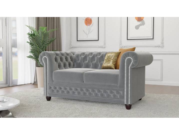 S-Style Möbel Chesterfield-Sofa Chesterfield Lena 2 sitzer mit Schlaffunktion aus Samt-Stoff, 2-Sitzer mit Schlaffunktion, mit Wellenfederung
