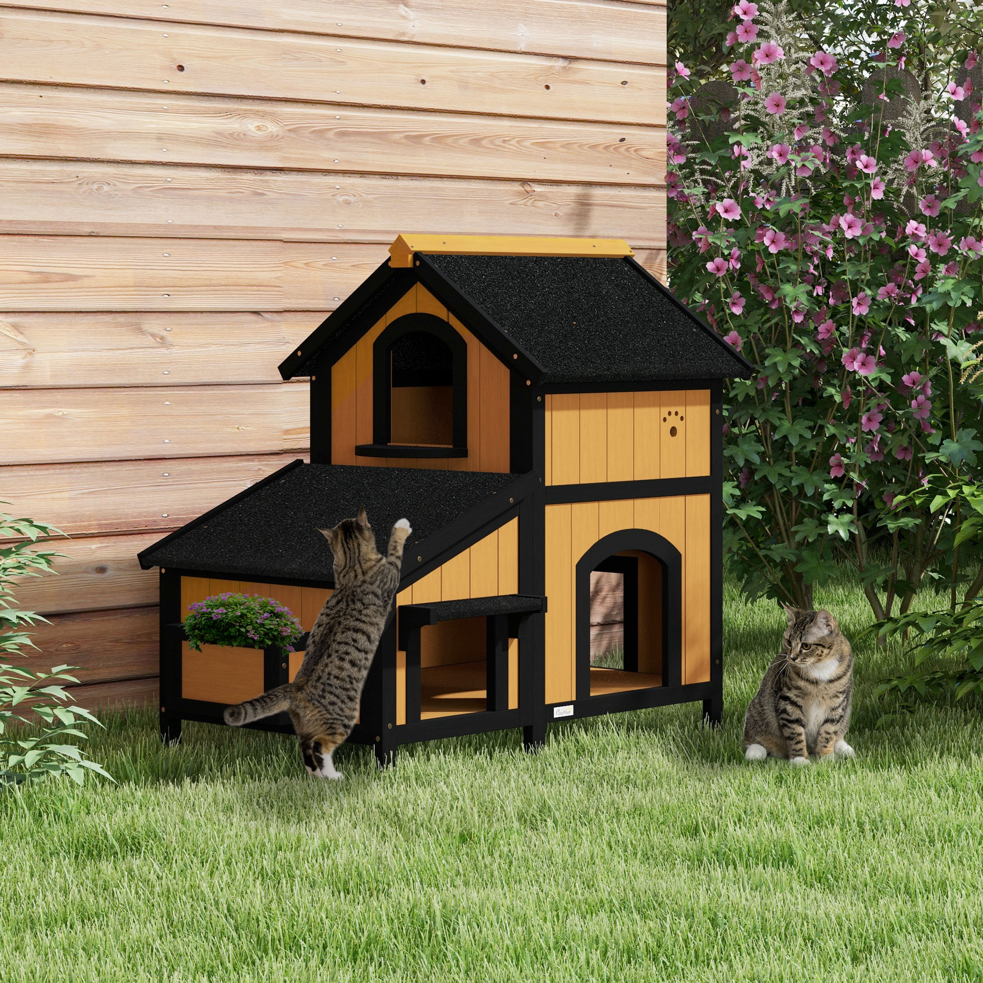 Pawhut Casa per Gatti in Legno di Abete, Cuccia per Gatti con Fioriera, 96 cm x 65 cm x 85,5 cm, Giallo   Aosom Italy