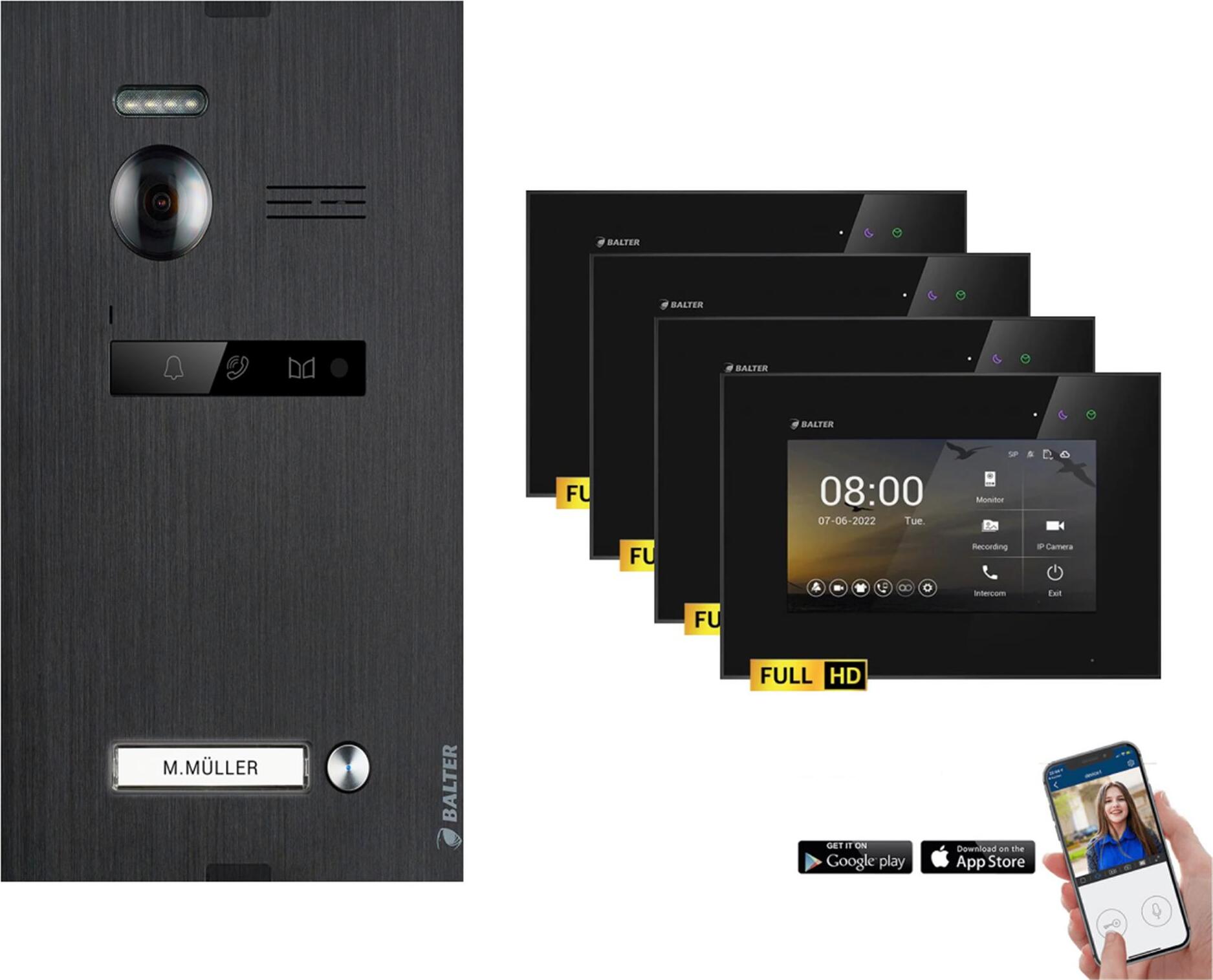 BALTER EVO HD Schwarz Video Türsprechanlage Set 1 Teilnehmer 4x7" WLAN Monitor Schwarz