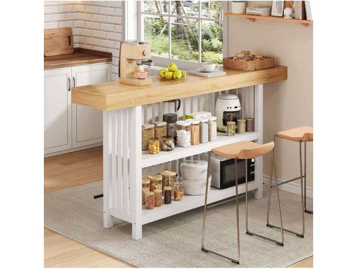 ROVRYN Table haute îlot central 160 x 40 x 105 cm 2 étagères repose-pieds MDF blanc aspect bois