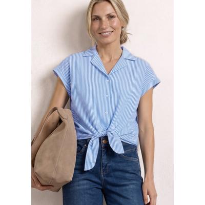 Kurzarmbluse STREET ONE, Damen, Gr. 42, blau (original blau), Web, 100% Baumwolle, gestreift, klassisch normal, V-Ausschnitt, Aufschlag, Blusen, aus reiner Baumwolle