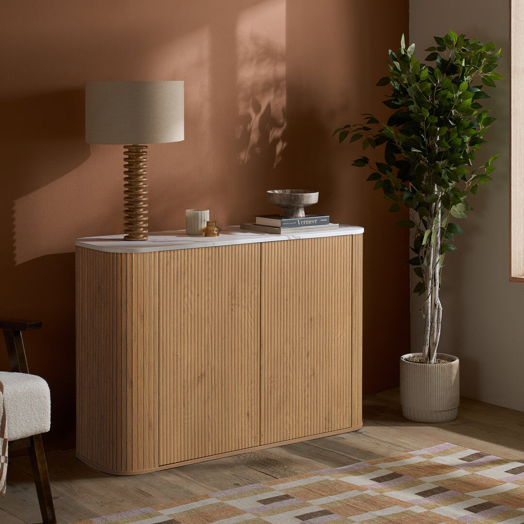 Birlea RUSSO Collection Fluted 2 Door Sideboard - Push To Open - 120cm Width Oak Wood 80cm H X 120cm W X 40cm D