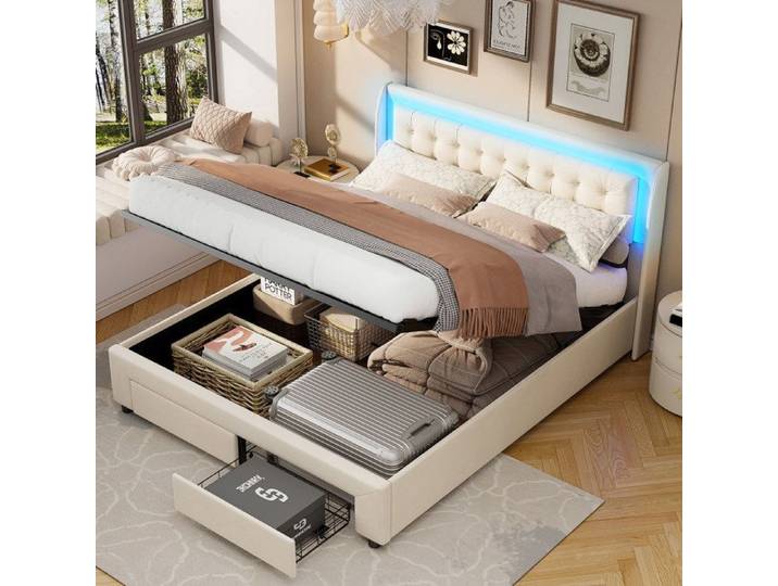 Lit 160x200 cm - 240704HXF - LED - hydraulique - Velours - cadre de lit adulte 160x200 cm - beige