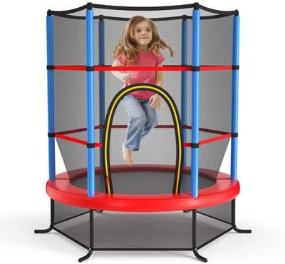 Costway 55 Inch Kids Recreational Trampoline Bouncing Jumping Mat with Enclosure Net-Navy