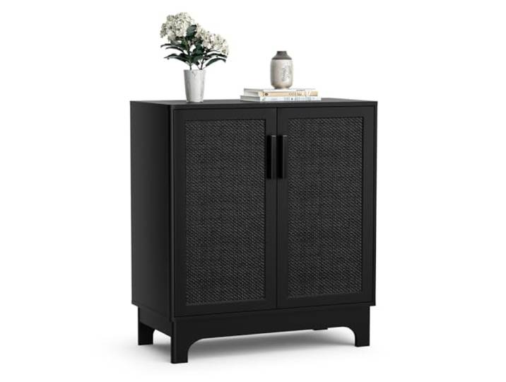 Skokliz Küchenschrank, Sideboard mit 2 Türen Rattan-Einsätzen, Buffetschrank Aufbewahrungsschrank Möbel, 80x40x89cm Wohnzimmerschränke für Küche, Esszimmer, Wohnzimmer, Schwarz