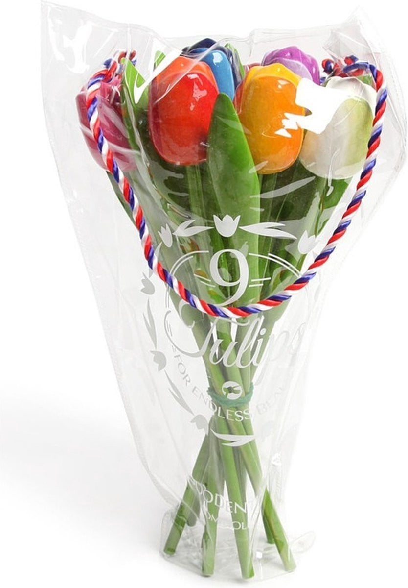 Houten tulpen decoratie boeket van gekleurde bloemen - 34 cm