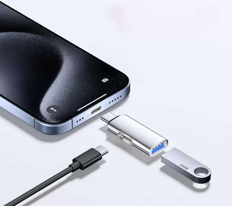 INF TYPE-C auf USB 3.0 + TC-Lade-OTG-Adapter, ovales Design – Hochgeschwindigkeitsdatenübertragung und PD-Schnellladung Silber
