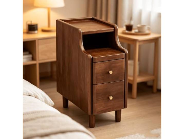 Massivholz Nachttisch Schmal, Nachtkonsole mit Ablagefach 2 Schubladen Massivholz Nachttisch mit 2 Schubladen auf Metallschienen und offenem Regalfach.(Walnut,7.87in)