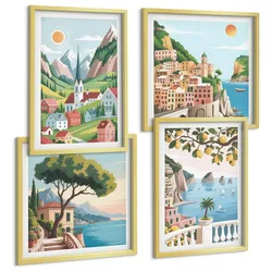 BILDER SET 4er Set - 50x50 cm & 40x60 cm Goldrahmen - Meereslandschaften, Zitrusfrüchte