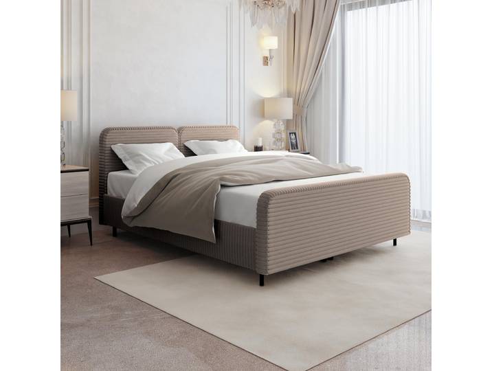 Doppelbett LEA 180x200 cm Polsterbett mit Bettkasten, Matratze & Topper – TILIA - Polsterstoff Cappuccino