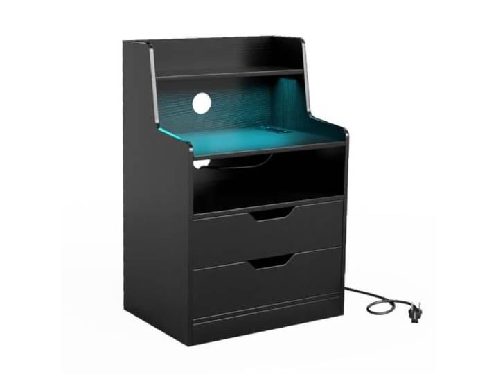 Helloshop26 LED-Nachttisch mit Schubladen, 45 x 35 x 72,5 cm, integrierte Ladelösung, modernes Design, MDF, schwarz, 20_0017798
