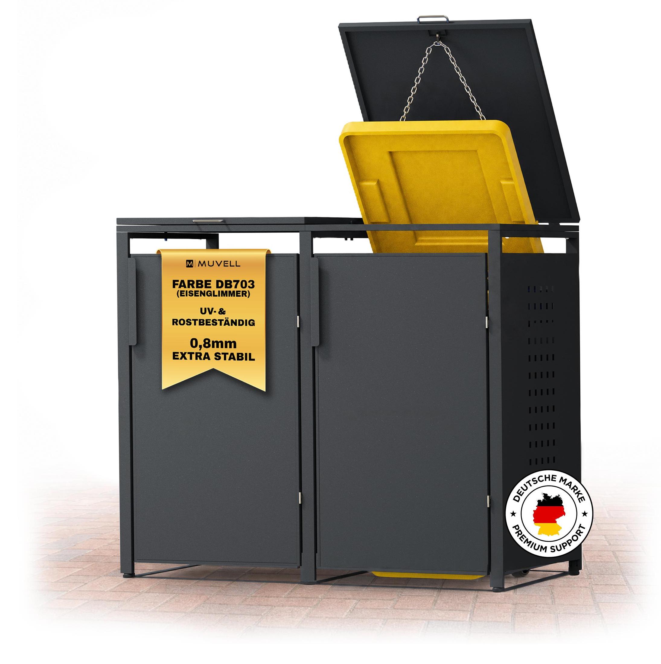 MUVELL Mülltonnenbox 2er 240l & 120l Müllbox - aus 0,8 mm feuerverzinkten Metall - Eisenglimmer DB 703 Premiumfarbe Mülltonnenboxen - korrosionsbeständig wetterfest Mülltonnenverkleidung