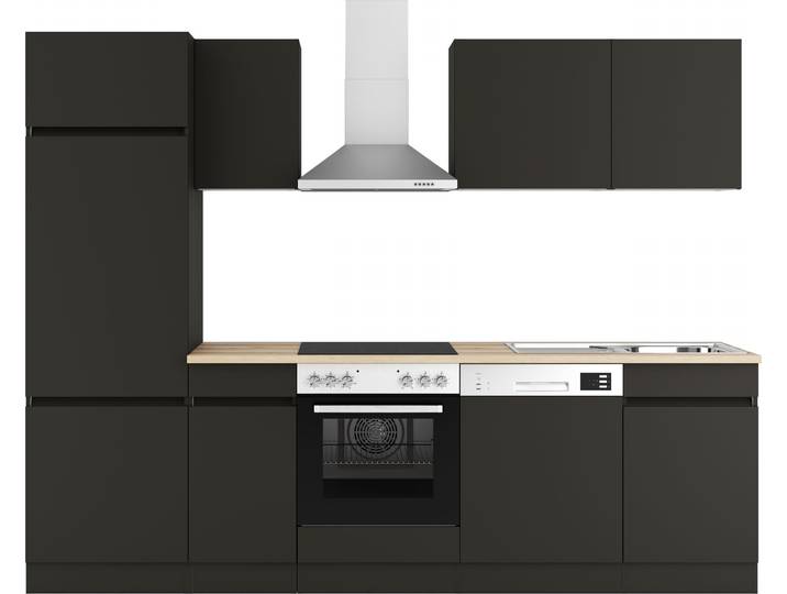 Küchenzeile OPTIFIT Roth , schwarz (küche: grau, front: anthrazit, korpus: anthrazit, arbeitsplatte: wildeiche), B:270cm H:206,8cm T:60cm, Komplettküchen-Sets, Küchenzeile, Breite 270 cm, wahlweise mit E-Geräten, Push-to-Open-Funktion