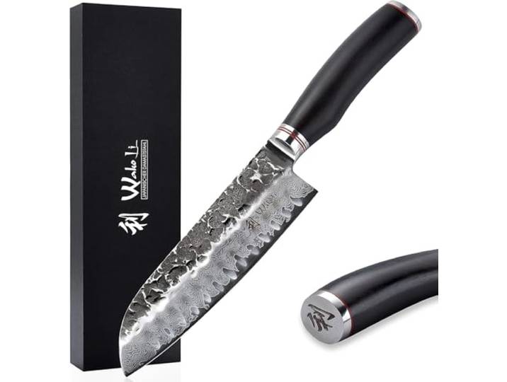 Wakoli EBO Santokumesser, 17,5 cm Klinge, 67 Lagen Damaststahl, VG10 Kern Hammerschlag, schwarzer Eichenholzgriff, Geschenkbox, 60 ± 2 HRC, V-Schliff 15° je Seite; für Fleisch, Fisch, Gemüse und Obst